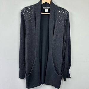 Vtg Marshall Rousso Rhinestone Cardigan Sweater Sz L Black Bishop Sleeve Pockets